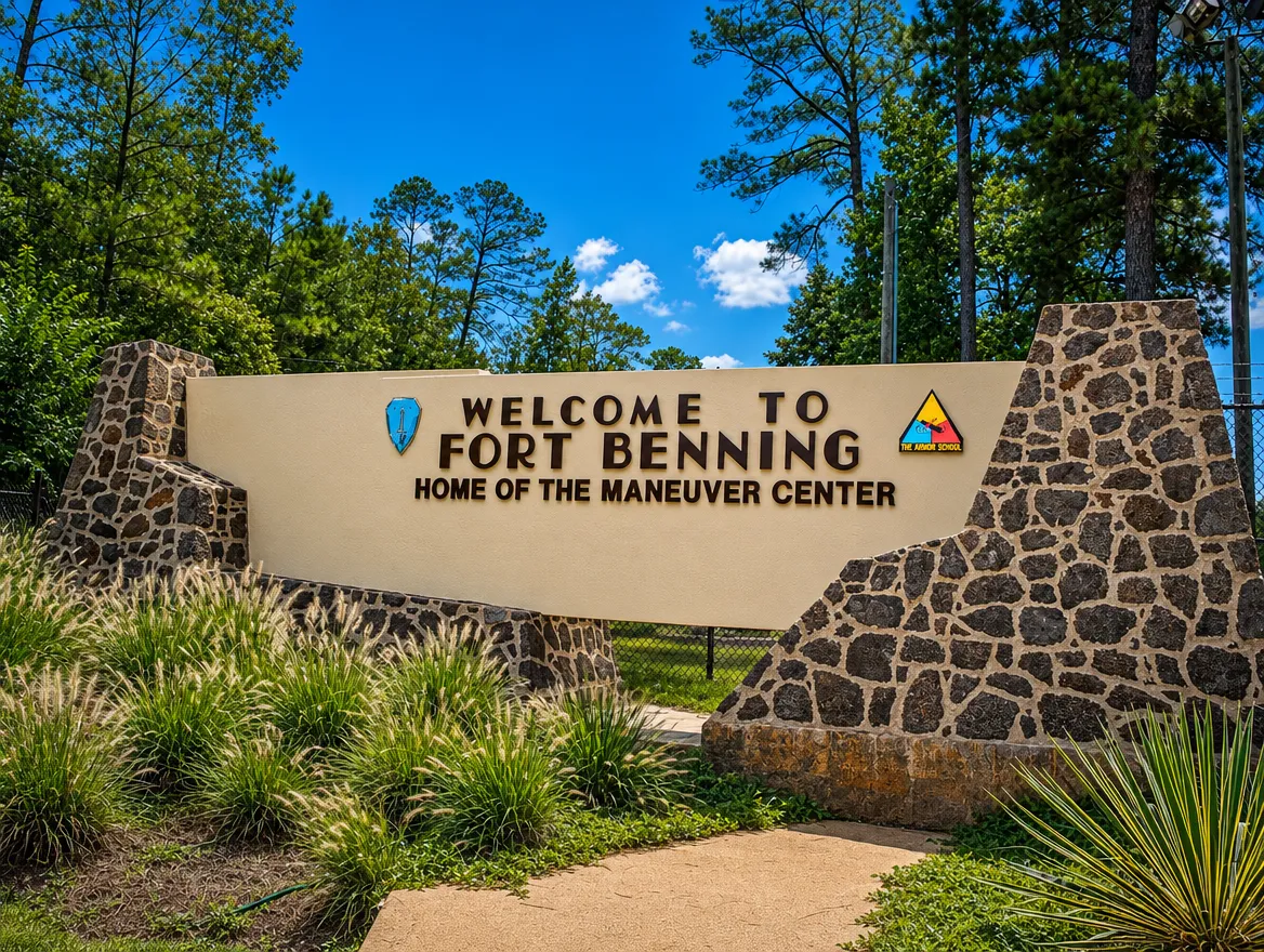 Welcome to Fort Benning, Home of the Maneuver Center sign in Georgia