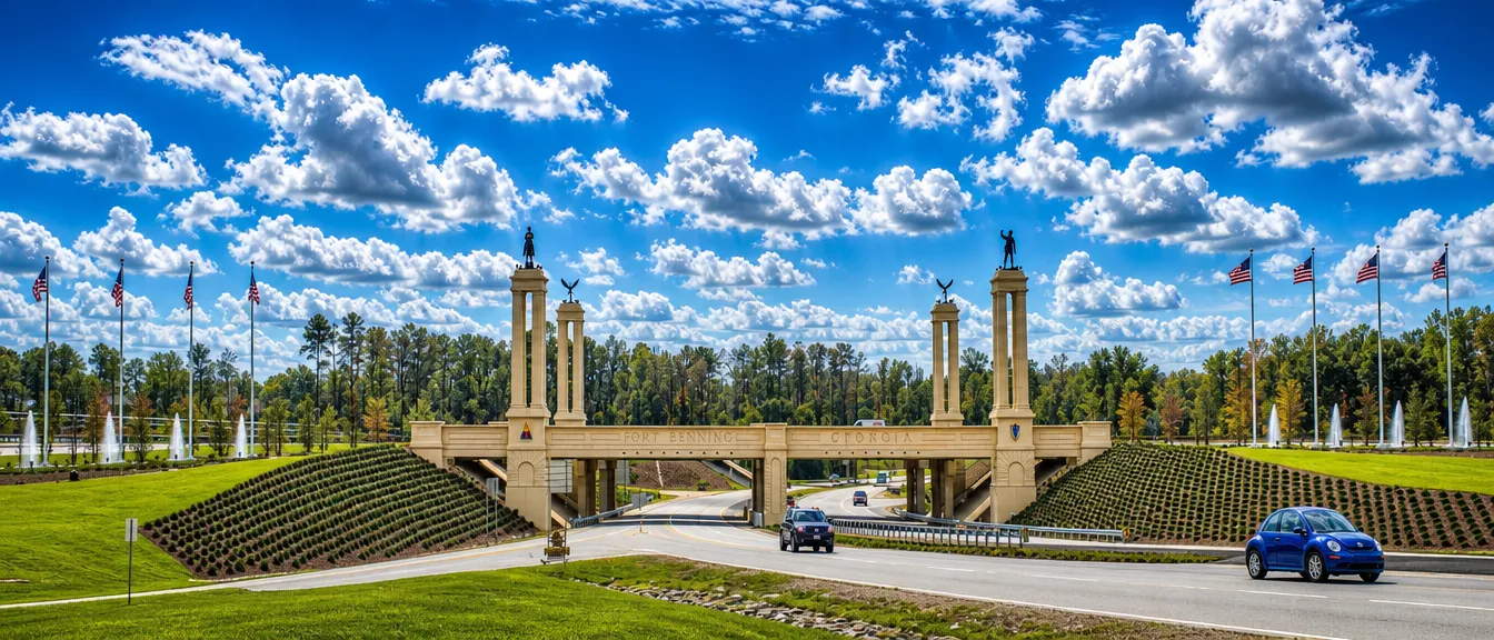 Fort Benning main gate and bridge with American flags under blue sky