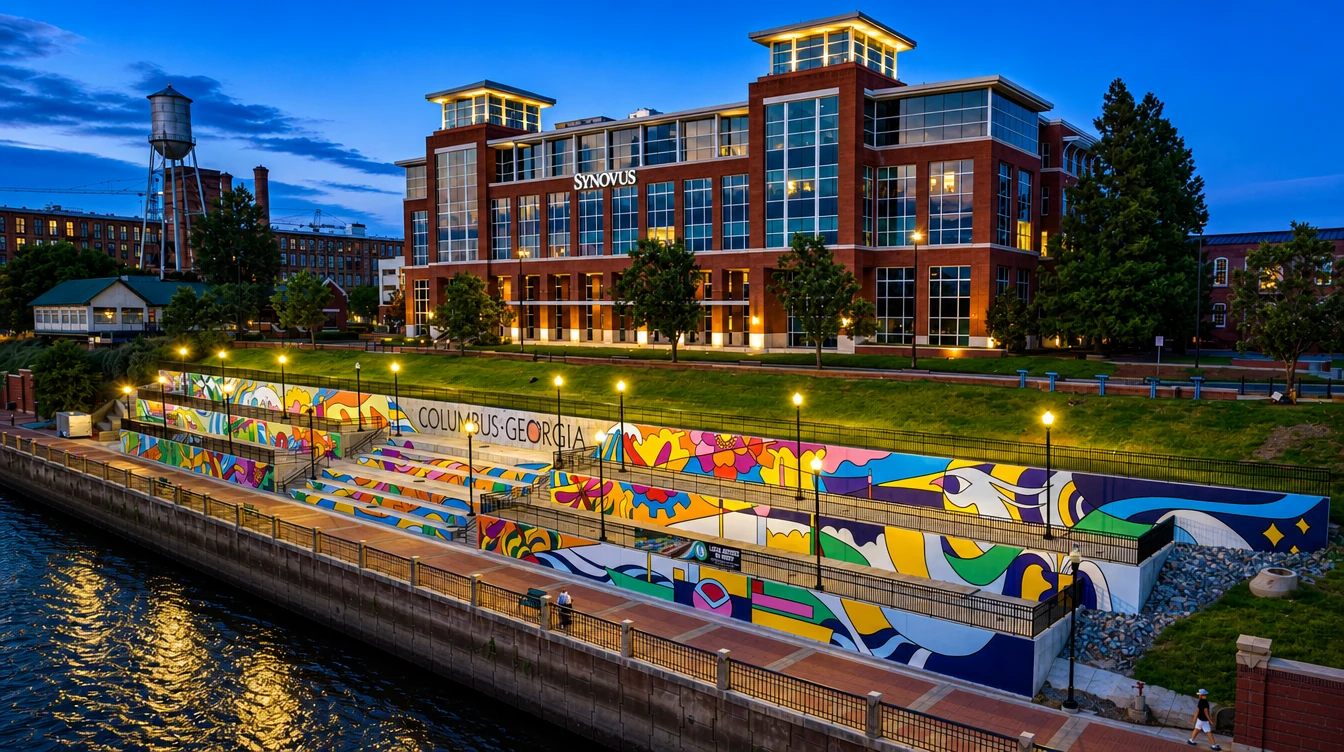 The Columbus, Georgia riverfront at dusk with the Chattahoochee RiverWalk and downtown skyline