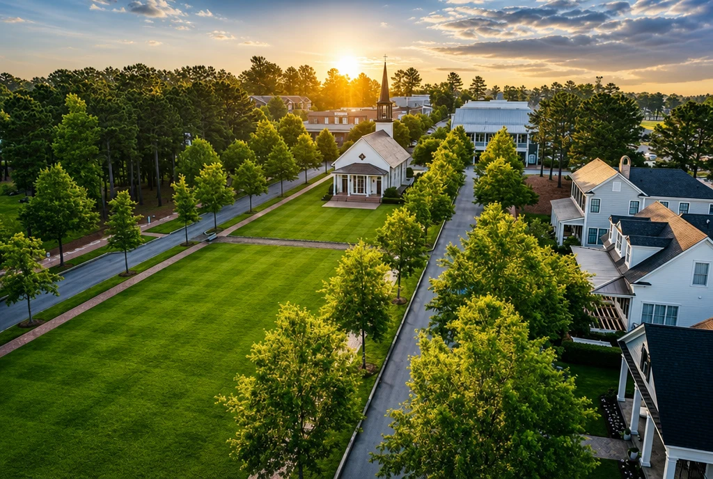 A tree-lined neighborhood at sunset near Fort Benning