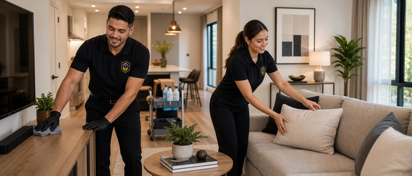 Home Base Concierge team members in branded polos cleaning and preparing a modern living room before move-in