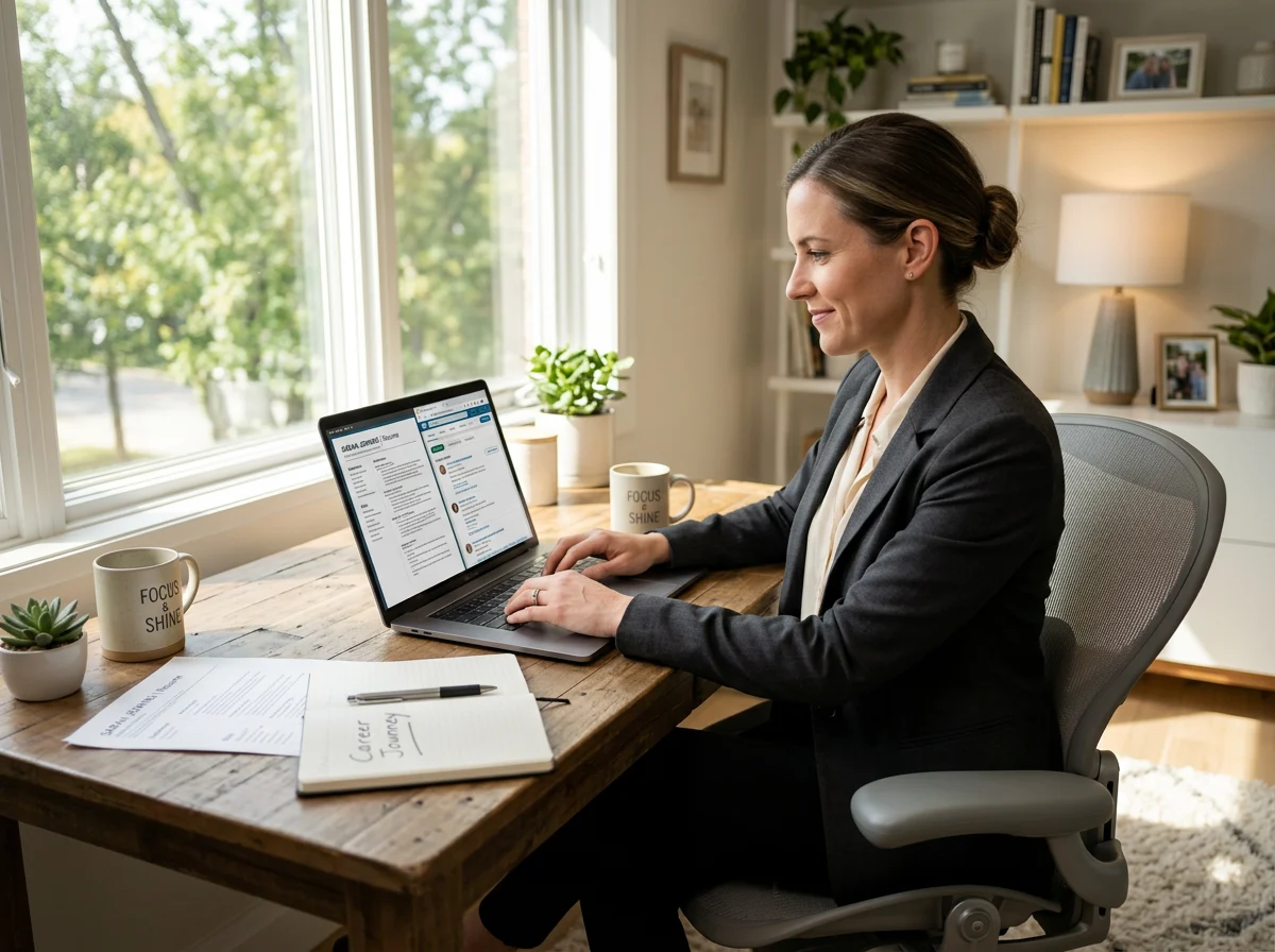 A military spouse job searching on a laptop in a home office