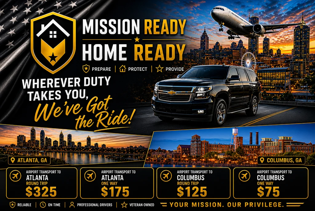 Mission Ready, Home Ready — Home Base Concierge chauffeur and airport transport service with a black SUV and city skylines