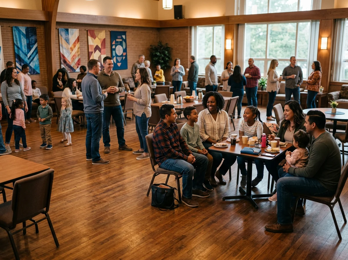 Military families gathered for a community social event in a welcoming fellowship hall