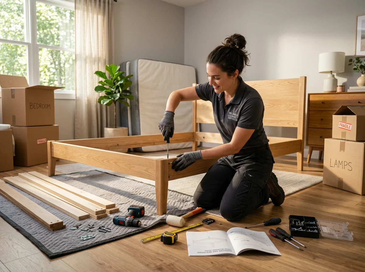 Assembling a bed frame in a sunlit bedroom on move-in day