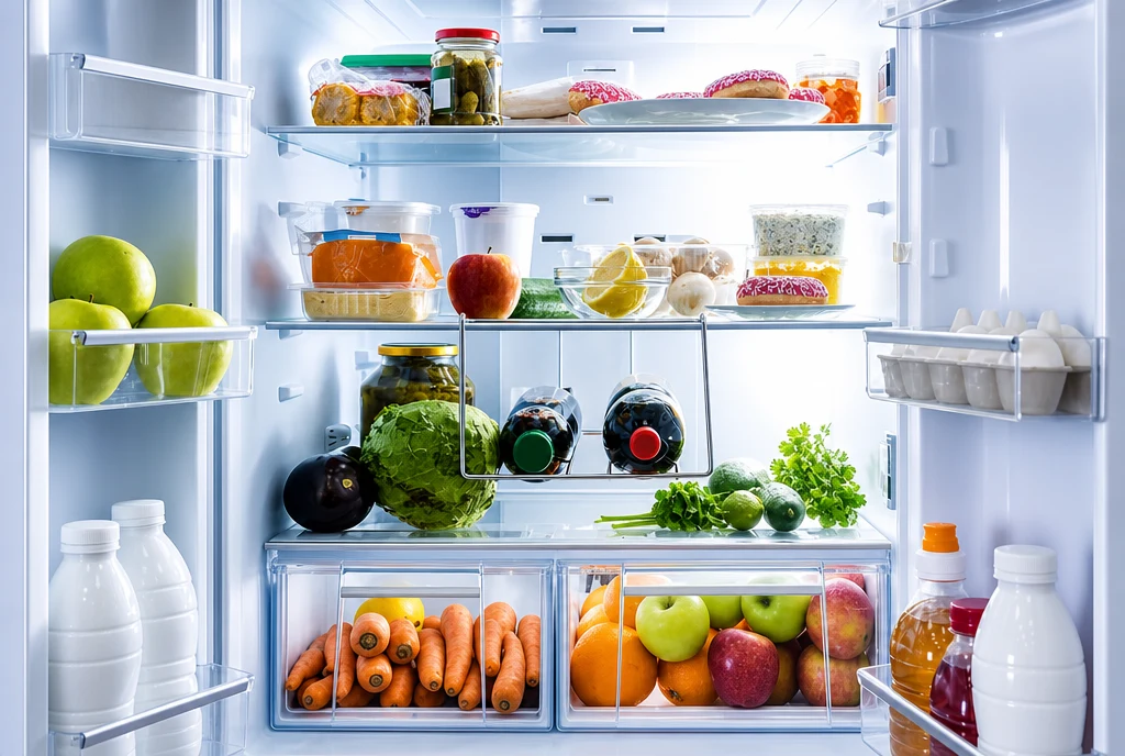 A refrigerator fully stocked with fresh groceries and essentials