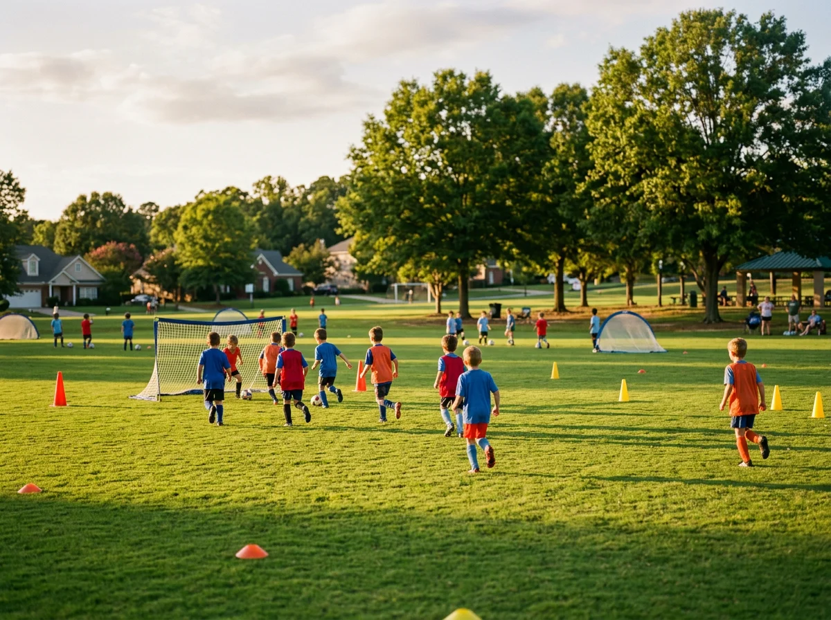Youth soccer practice on a sunny field near Columbus, Georgia