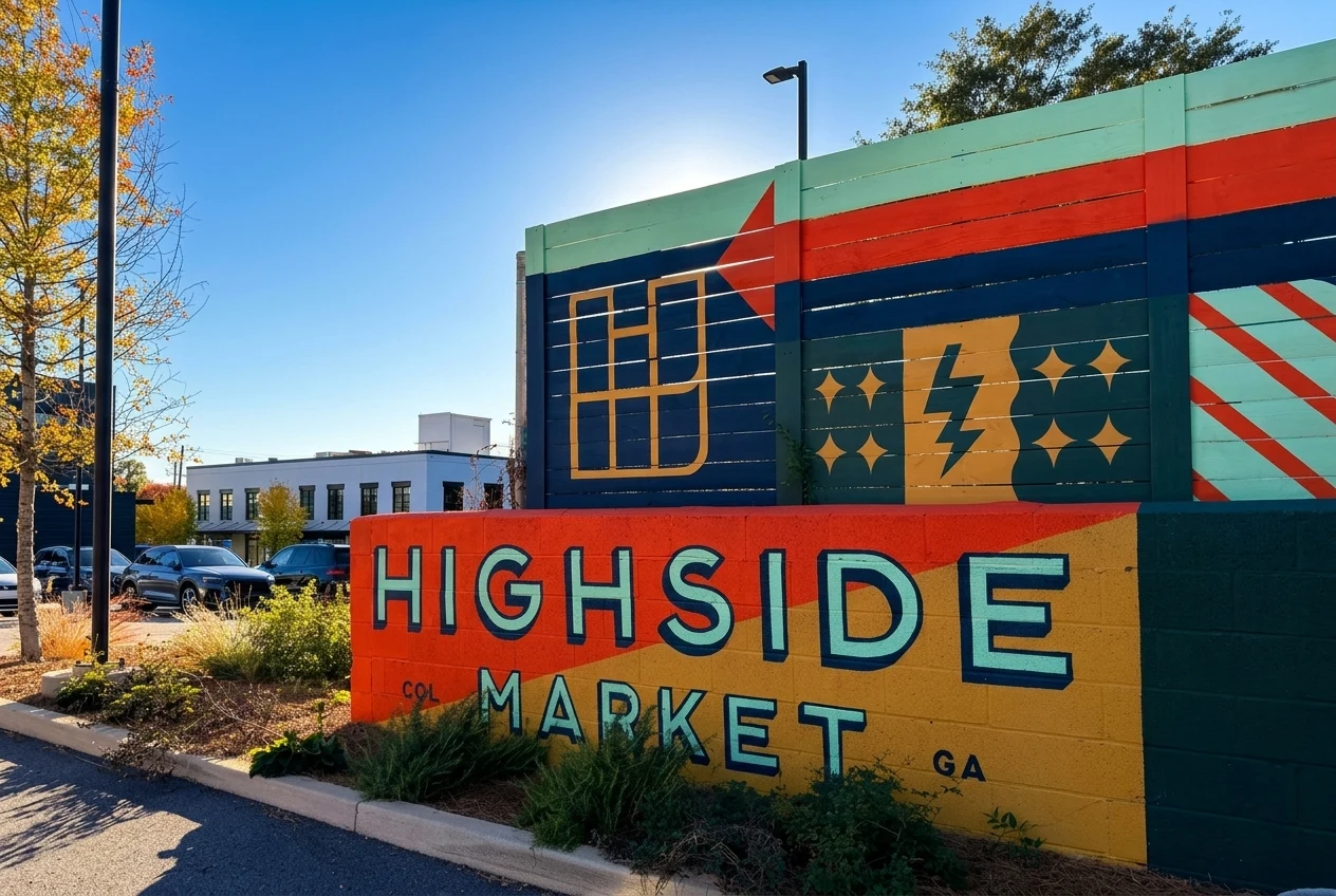 Highside Market mural in Columbus, Georgia, a colorful local business landmark