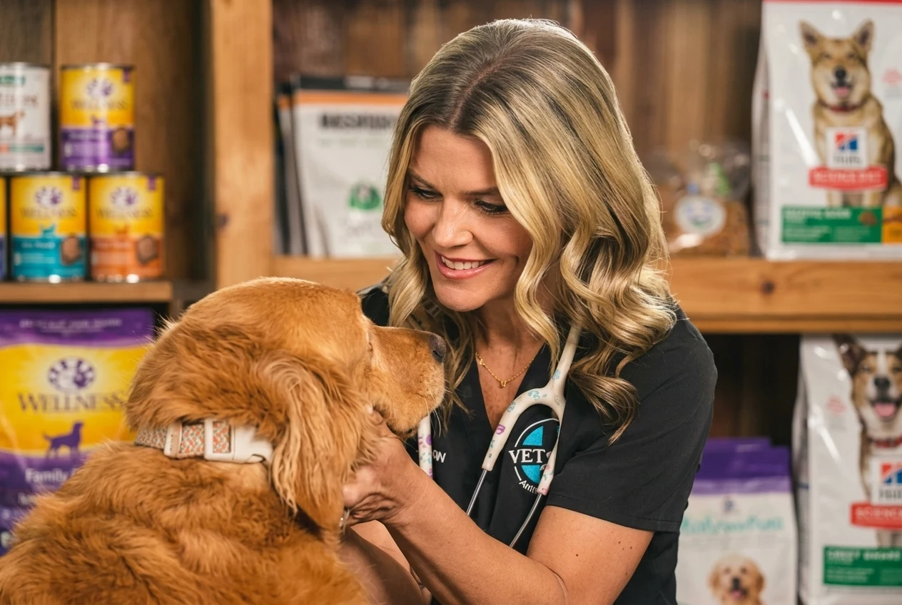A veterinarian with a stethoscope smiling while caring for a golden retriever at a pet supply store