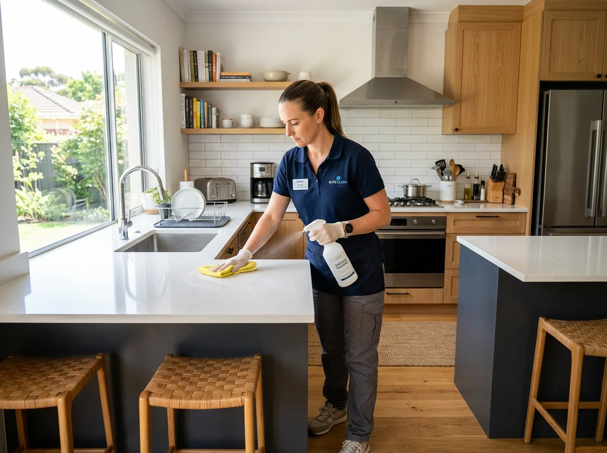 A professional cleaner wiping down kitchen counters during a recurring visit
