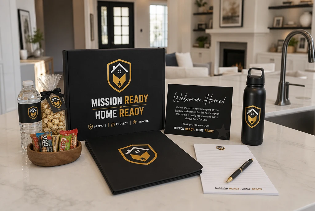 Home Base Concierge branded welcome kit with folder, water bottle, notepad, snacks, and welcome card on a kitchen counter