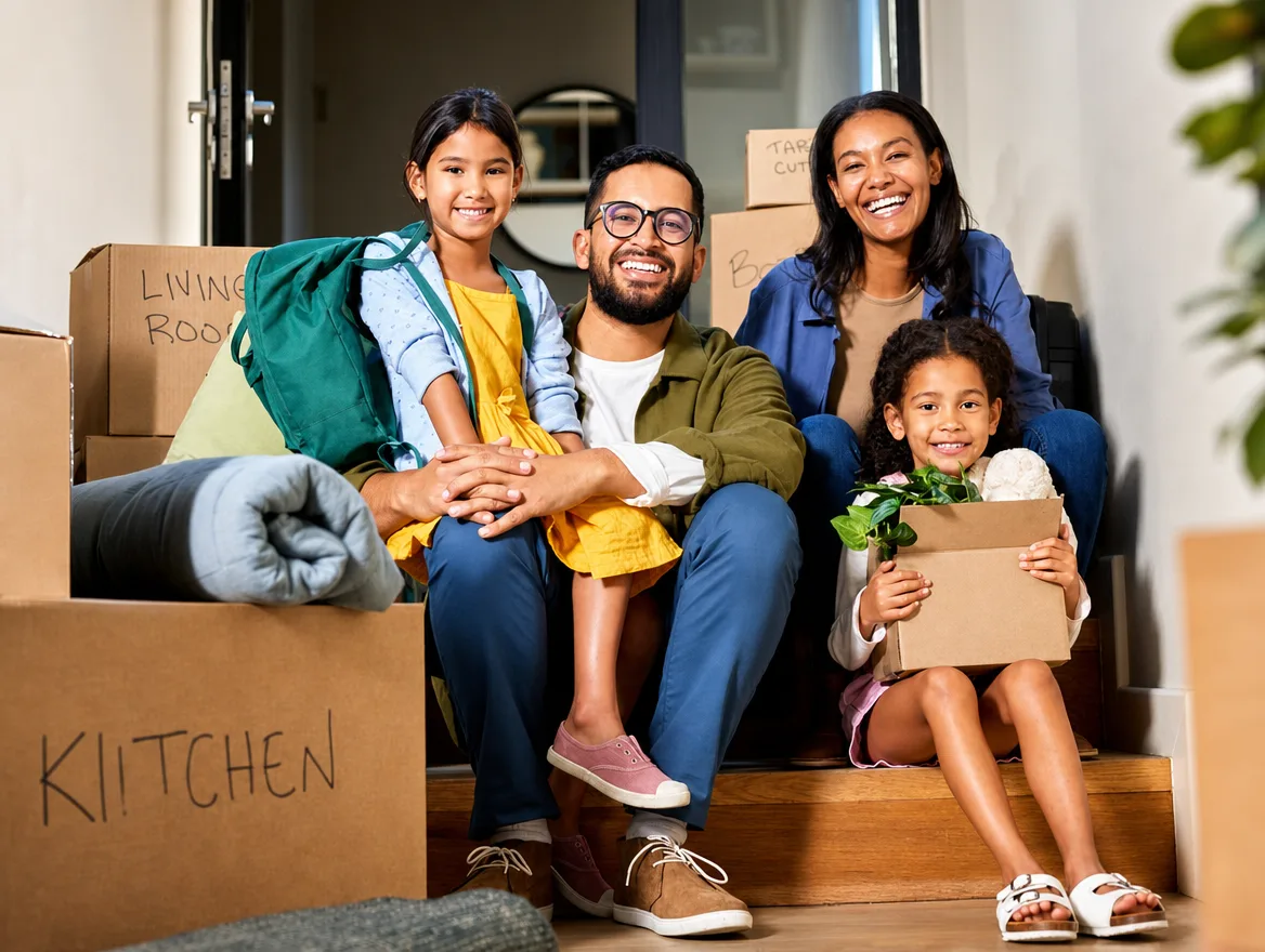 Family carrying boxes into their new Columbus home
