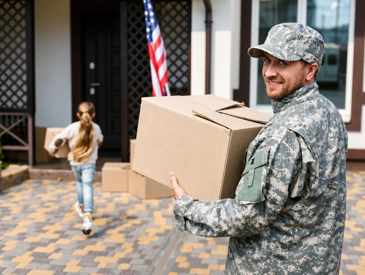 Soldier in uniform carrying a moving box to his new home as his daughter runs to the front door